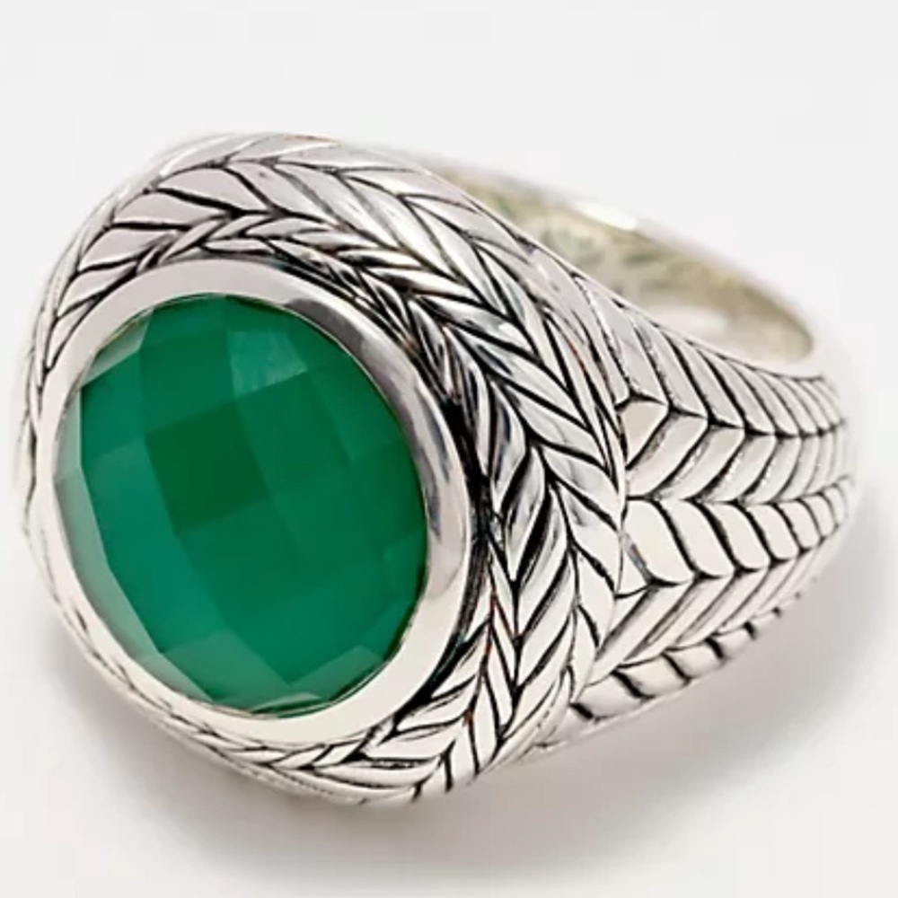 JAI Sterling Silver Green Chalcedony Basketweave Doublet Gemstone Ring, sz 5